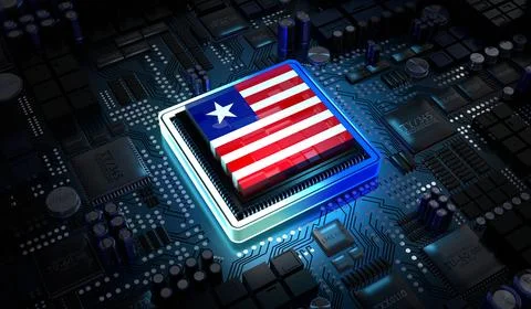 Computer processor with flag of Liberia - 3D illustration 库存插图