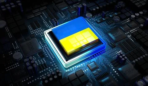 Computer processor with flag of Ukraine - 3D illustration 스톡 일러스트