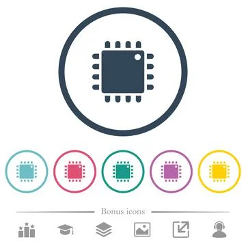 Computer processor flat color icons in round outlines 스톡 일러스트
