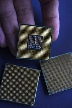 Computer processor in hand on a blue background. Several computer processor.. 스톡 사진