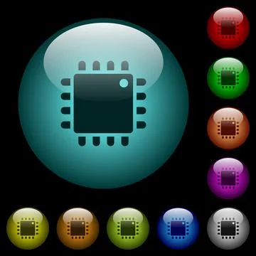 Computer processor icons in color illuminated glass buttons 스톡 일러스트