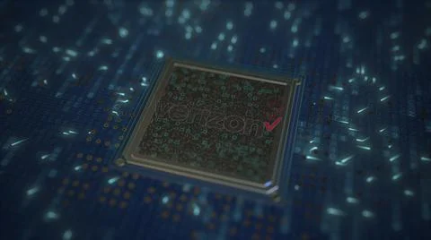 Computer processor with the logo of VERIZON. Conceptual editorial 3d rendering Illustrazione stock