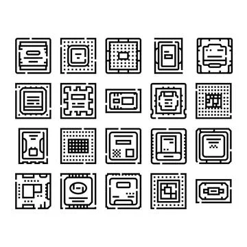 Computer processor microchip circuit technology line icons Stock Illustration