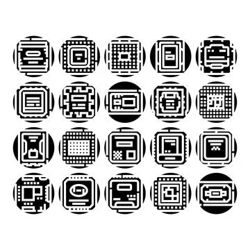 Computer processor microchip elements technology glyph icons イラスト素材
