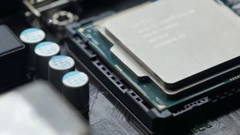 Computer processor in the motherboard slot. Stock Footage 163683923
