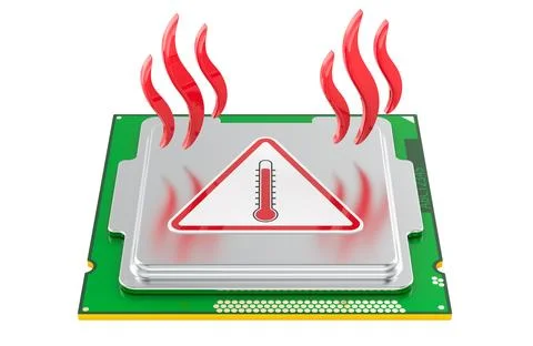 Computer processor with overheating warning symbol and heat waves, 3D renderi Stock Illustration
