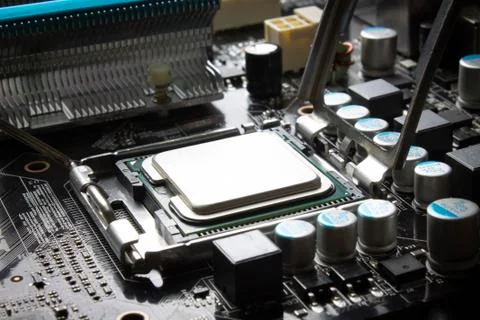 Computer processor in socket close up Foto stock