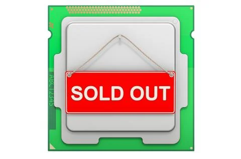Computer processor unit with Sold Out sign. Shortages of CPU concept, 3D rend イラスト素材