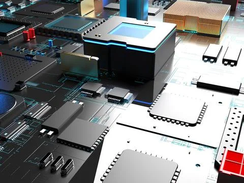 Computer processors close up. 3d render on the topic of technologies and larg 스톡 사진