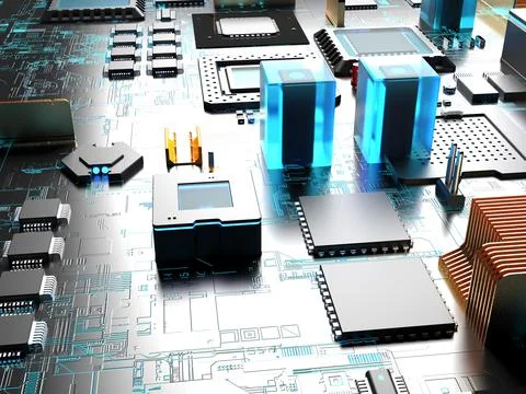 Computer processors close up. 3d render on the topic of technologies and larg 스톡 사진