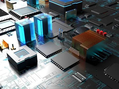 Computer processors close up. 3d render on the topic of technologies and larg 스톡 사진