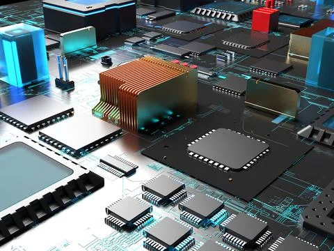 Computer processors close up. 3d render on the topic of technologies and larg 스톡 사진