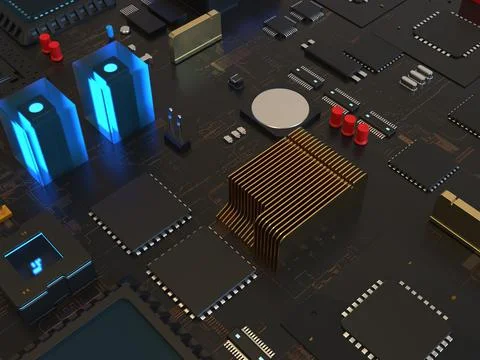 Computer processors close up. 3d render on the topic of technologies and larg 스톡 사진