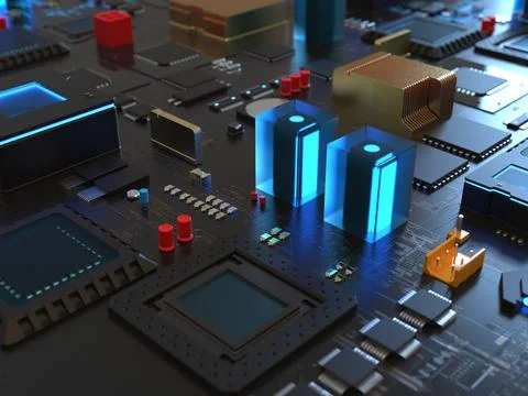 Computer processors close up. 3d render on the topic of technologies and larg 스톡 사진