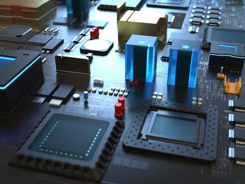 Computer processors close up. 3d render on the topic of technologies and larg 스톡 사진