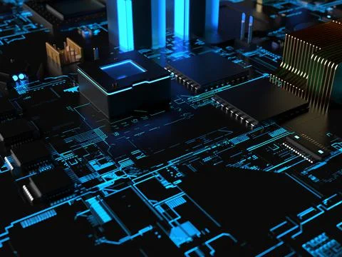 Computer processors close-up in bright blue backlight. 3d render on the theme 스톡 사진