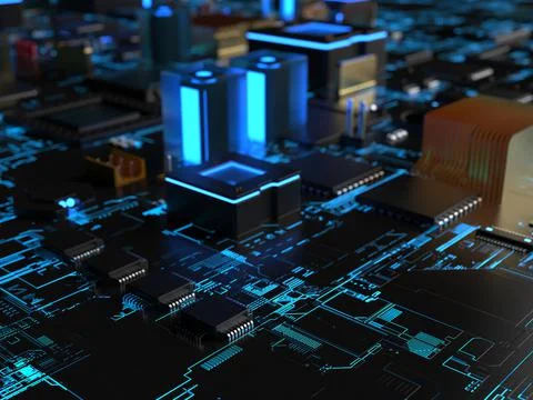 Computer processors close-up in bright blue backlight. 3d render on the theme 스톡 사진