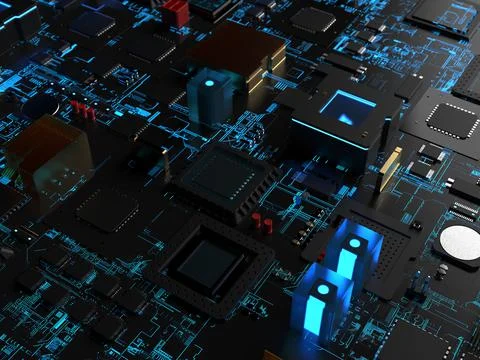 Computer processors close-up in bright blue backlight. 3d render on the theme 스톡 사진