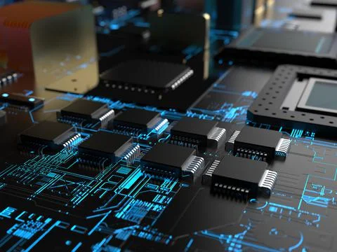 Computer processors close-up in bright blue backlight. 3d render on the theme 스톡 사진