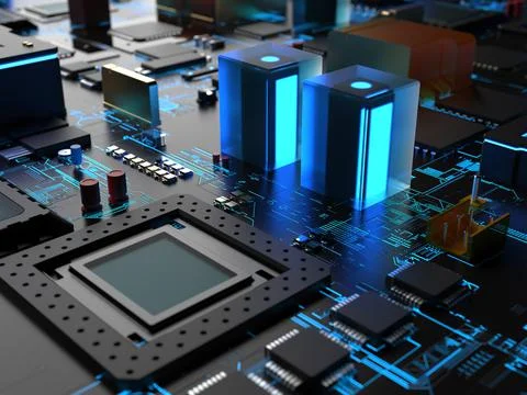 Computer processors close-up in bright blue backlight. 3d render on the theme 스톡 사진