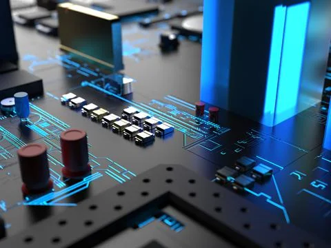 Computer processors close-up in bright blue backlight. 3d render on the theme 스톡 사진