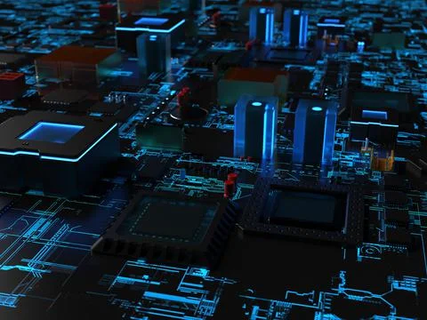 Computer processors close-up in bright blue backlight. 3d render on the theme 스톡 사진