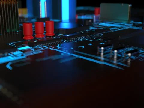 Computer processors close-up in bright blue backlight. 3d render on the theme 스톡 사진
