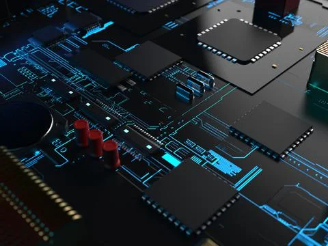 Computer processors close-up in bright blue backlight. 3d render on the theme 스톡 사진