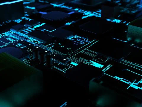 Computer processors close-up in bright blue backlight. 3d render on the theme 스톡 사진