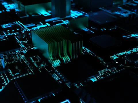 Computer processors close-up in bright blue backlight. 3d render on the theme 스톡 사진