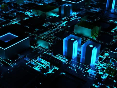 Computer processors close-up in bright blue backlight. 3d render on the theme 스톡 사진
