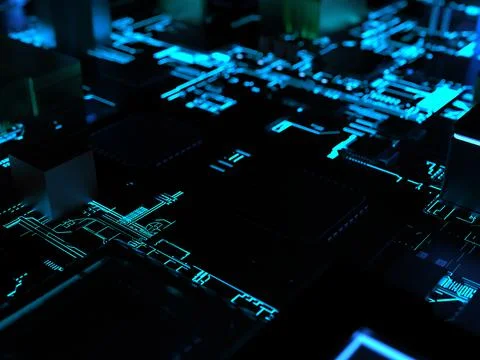 Computer processors close-up in bright blue backlight. 3d render on the theme 스톡 사진