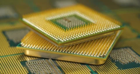 Computer processors with gold pins for modern PC hardware Video stock 346081680