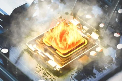 The computer processors high temperature and flames ignite Foto stock