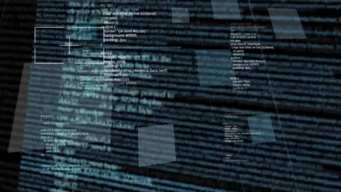 Computer program code with geometric shapes flying on pure black Stock Footage 92969982