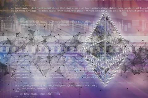 Computer program code script with ethereum crypto currency sign on the top Stock Photos