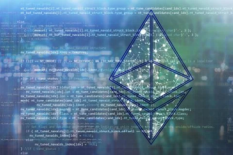 Computer program code script with ethereum crypto currency sign on the top Foto stock