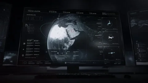 Computer program running a search for targets. Using satellites around the Earth Stock Footage 266292296