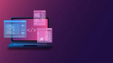 Computer Programing, Coding, Web Development with Isometric Laptop Displaying Stock Illustration