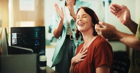 Computer, programmer and applause with business woman in office for app dev.. Stock Photos