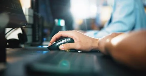 Computer, programmer and mouse with hands of person in office for game designer Stock-Fotos