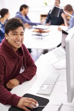Computer, programmer and portrait of happy man, software and update of Stock Photos