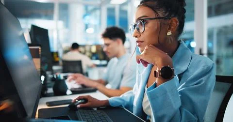 Computer, programmer and thinking with woman in office for game designer, coding Stock Photos