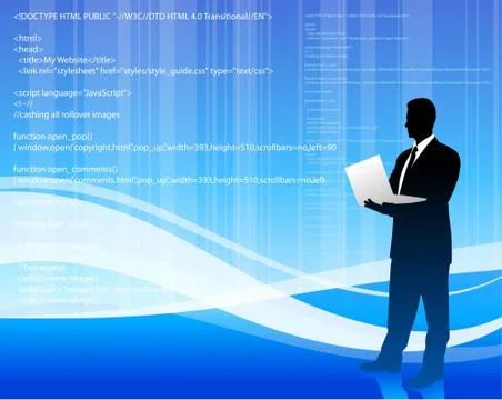 Computer programmer on blue wave internet background Stock Illustration