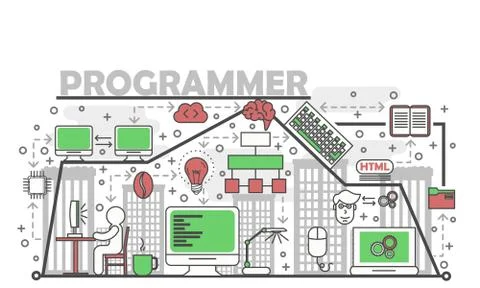 Computer programmer concept vector flat line art illustration Stock-Illustration