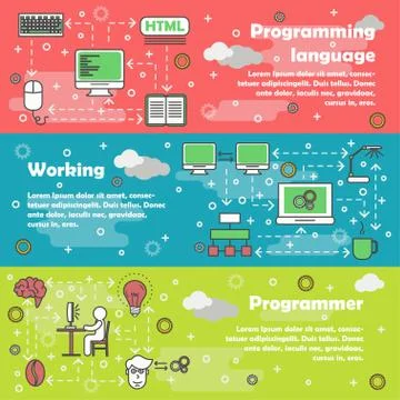Computer programmer concept vector flat line art banner set Stock-Illustration