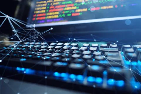 Computer of a programmer with lines code of software Stock Photos