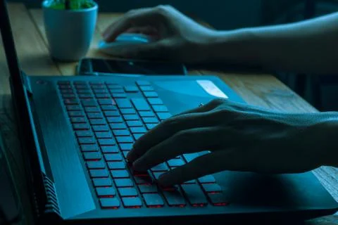 A computer programmer or hacker prints a code on a laptop keyboard to break i Stockfoto's