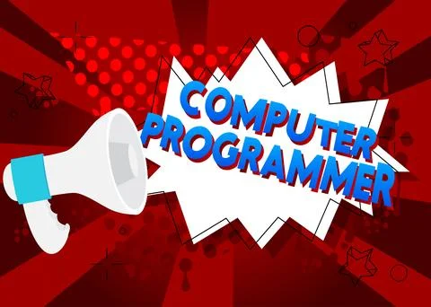 Computer Programmer text with cartoon Megaphone. Vector Announcement illust.. Stock-Illustration