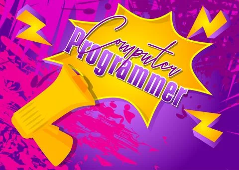 Computer Programmer text with cartoon Megaphone. Vector Announcement illust.. Stock-Illustration